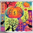 thumbnail image 1 of Vibrant Halloween Shower Curtain - Whimsical Cityscape with Pumpkins & Spooky Trees, 1 of 4