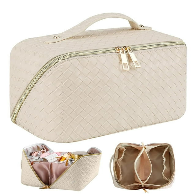 Cosmetiquera de Viaje de Gran Capacidad - Bolsa de Maquillaje de Cuero PU Impermeable con Asa y Separadores, Bolsa Organizadora de Cosmeticos, Neceser de Viaje para Mujer Portátil