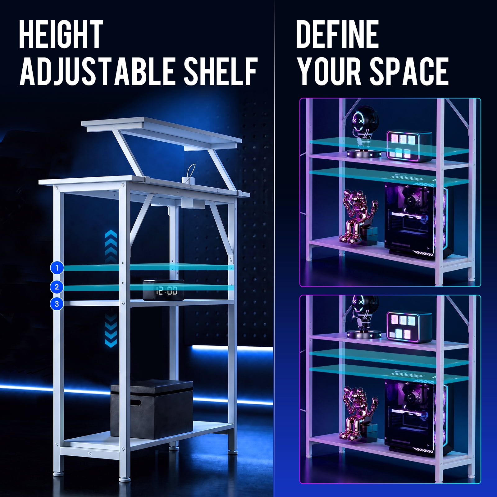 CLOUDREST PRO 42" L-Shaped Computer Desk, Power Outlets & RGB LEDs, White