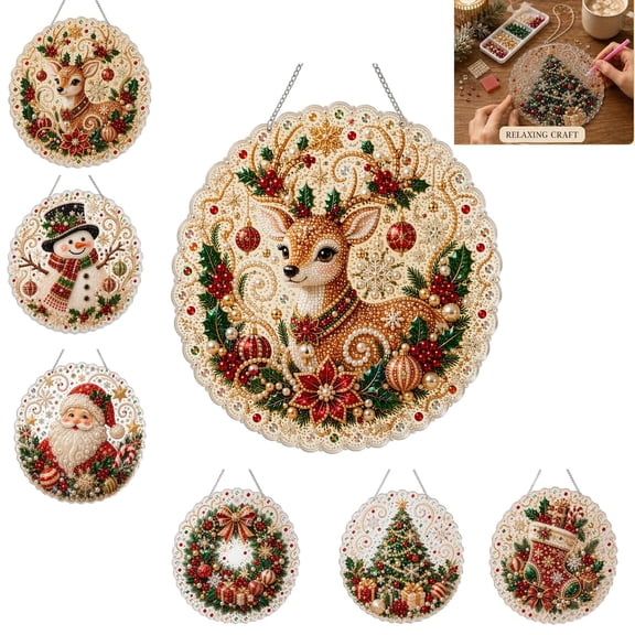 Christmas Pearl Diamond Art Hanging Ornament Kit Pearl Art Kits For Adults Pearl Painting Kits For Adults Round Trim Acrylic Board Home Indoor Xmas Decor Craft Project For Crafters,F
