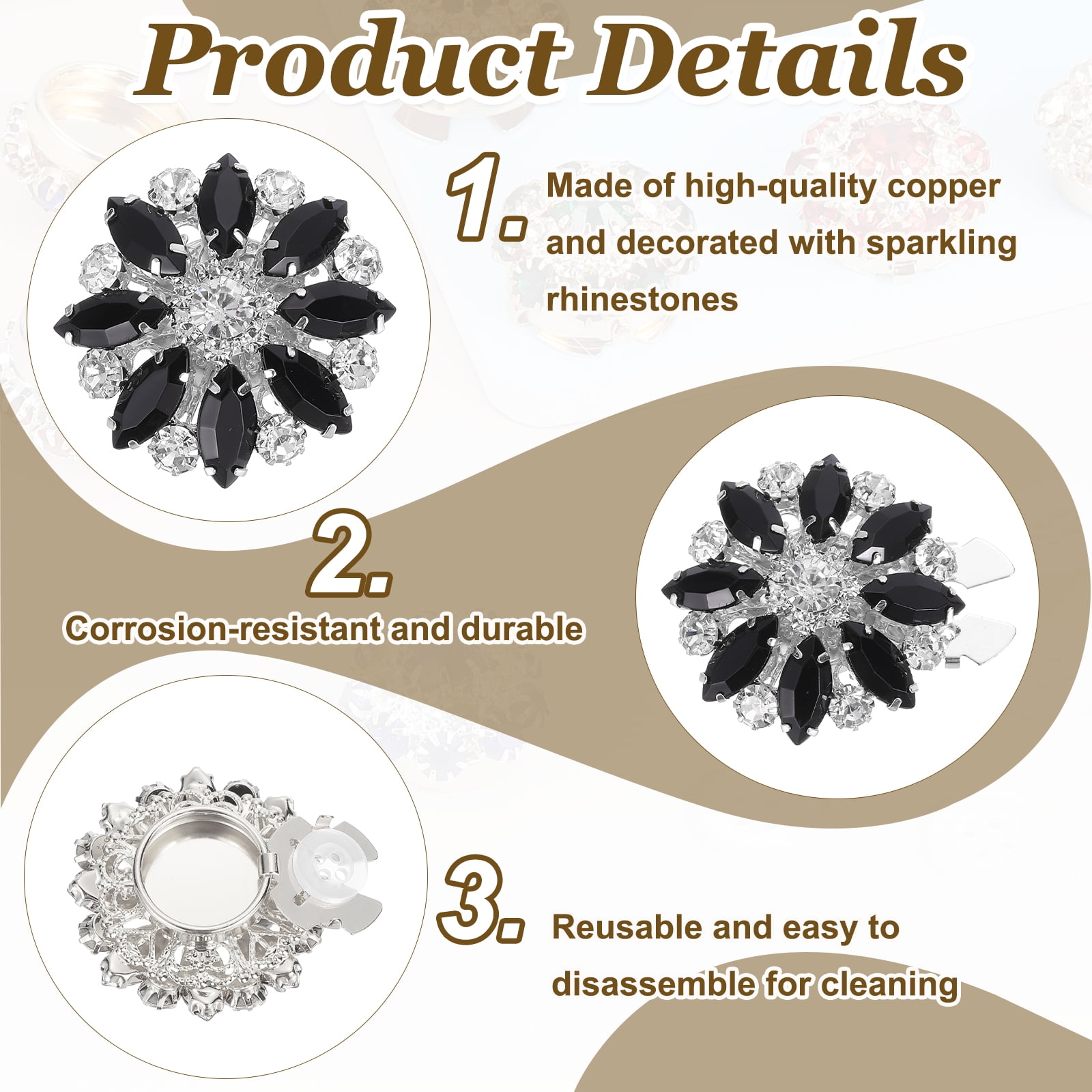 6 Pcs Rhinestone Button Covers Decorative Clips with 10 Pcs White Sewing Buttons Detachable Marquise Sewing Replacement for Women Men DIY Crafts Accessories (Black/Silver)