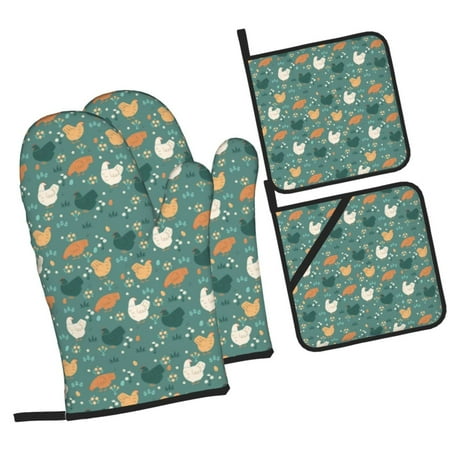 

Sikiie Flowe Rooster Oven Mitts and Pot Holders Silicone Oven Gloves Heat Resistant Oven Mitts 4Pcs Set