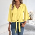 thumbnail image 6 of Vynhevius Womens 3/4 Sleeve Blouses V Neck Button Front Tie Hem Flared Solid Loose Casual Pullover Shirts, 6 of 8