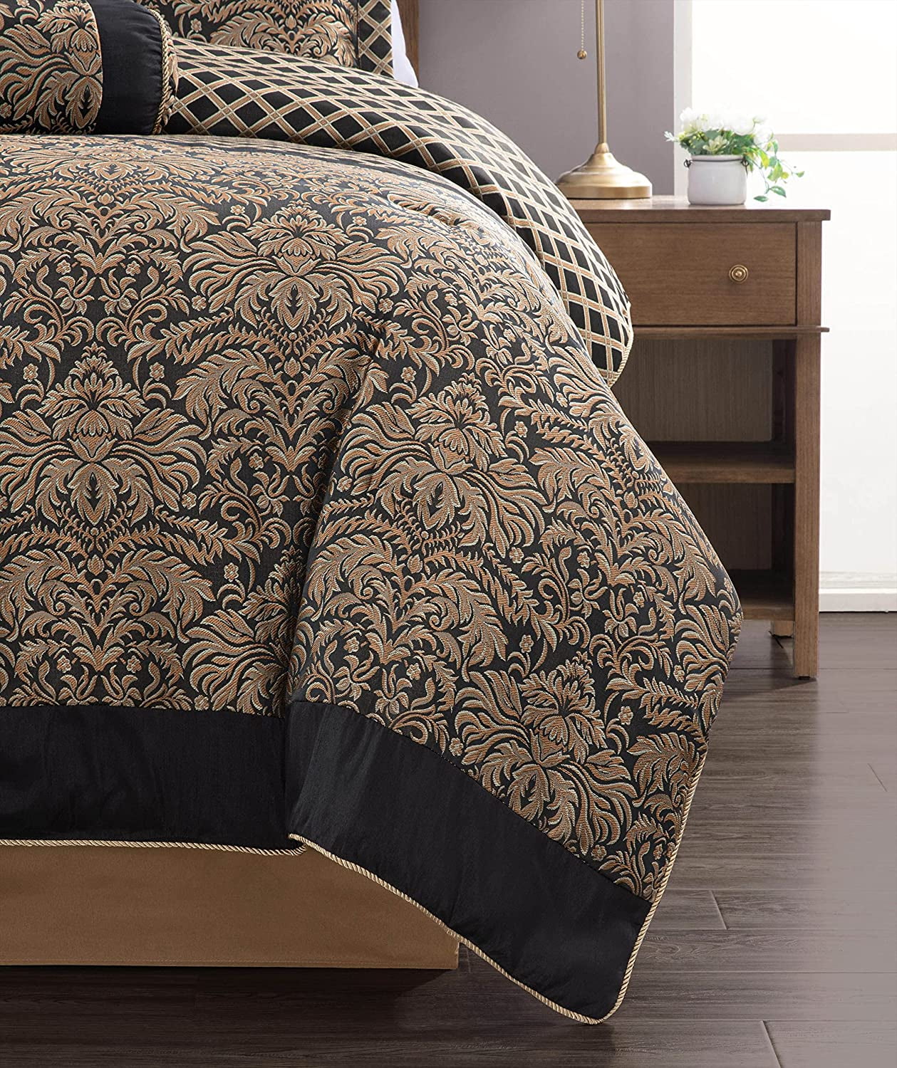 Chezmoi Collection Lisbon 7-Piece Black Gold Jacquard Floral Comforter Set, King Size