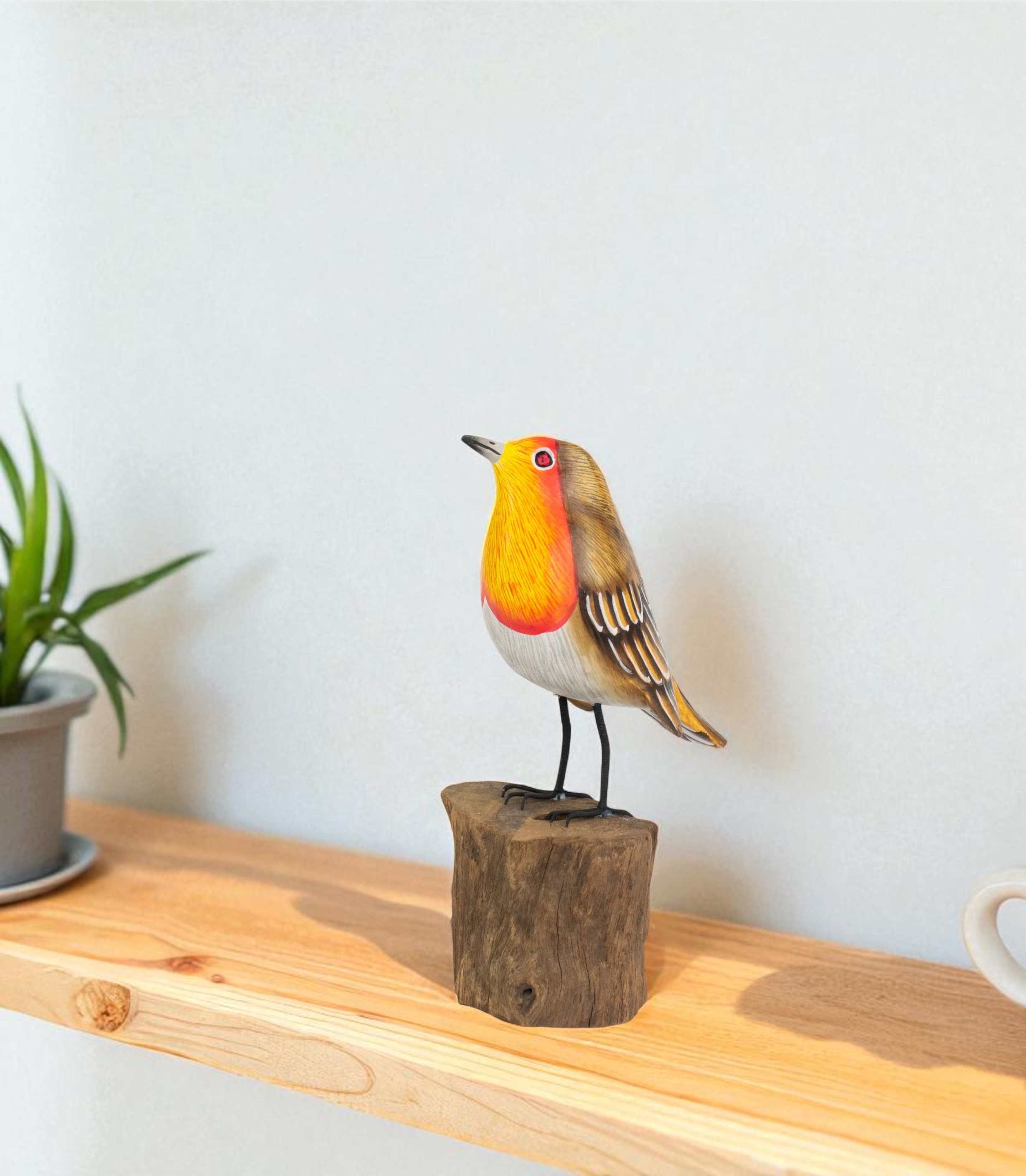 Wood European Robin Figurine – Hand Carved Songbird Sculpture, Rustic Bird Decor on Driftwood Base