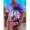 thumbnail image 3 of Camisa estampada para hombre con estampado morado de Hawaii para fiesta en la playa, camisa hawaiana de verano con botones y manga corta, estilo callejero, palmeras, 3 of 4