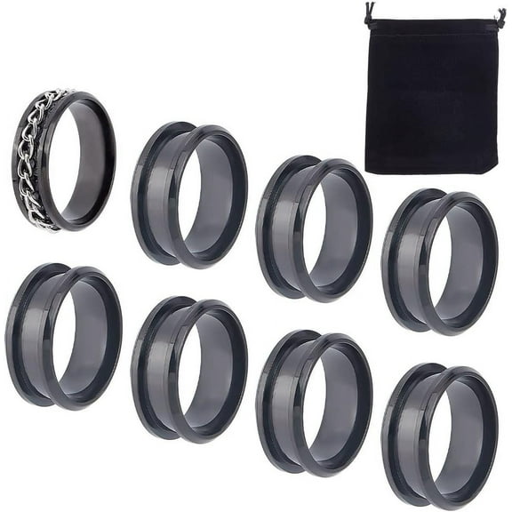 10Pcs Gunmetal Blank Core Ring Size 10 Stainless Steel Grooved Finger Ring for Inlay Round Empty Ring Blanks with Velvet Pouches for Jewelry Making 20mm