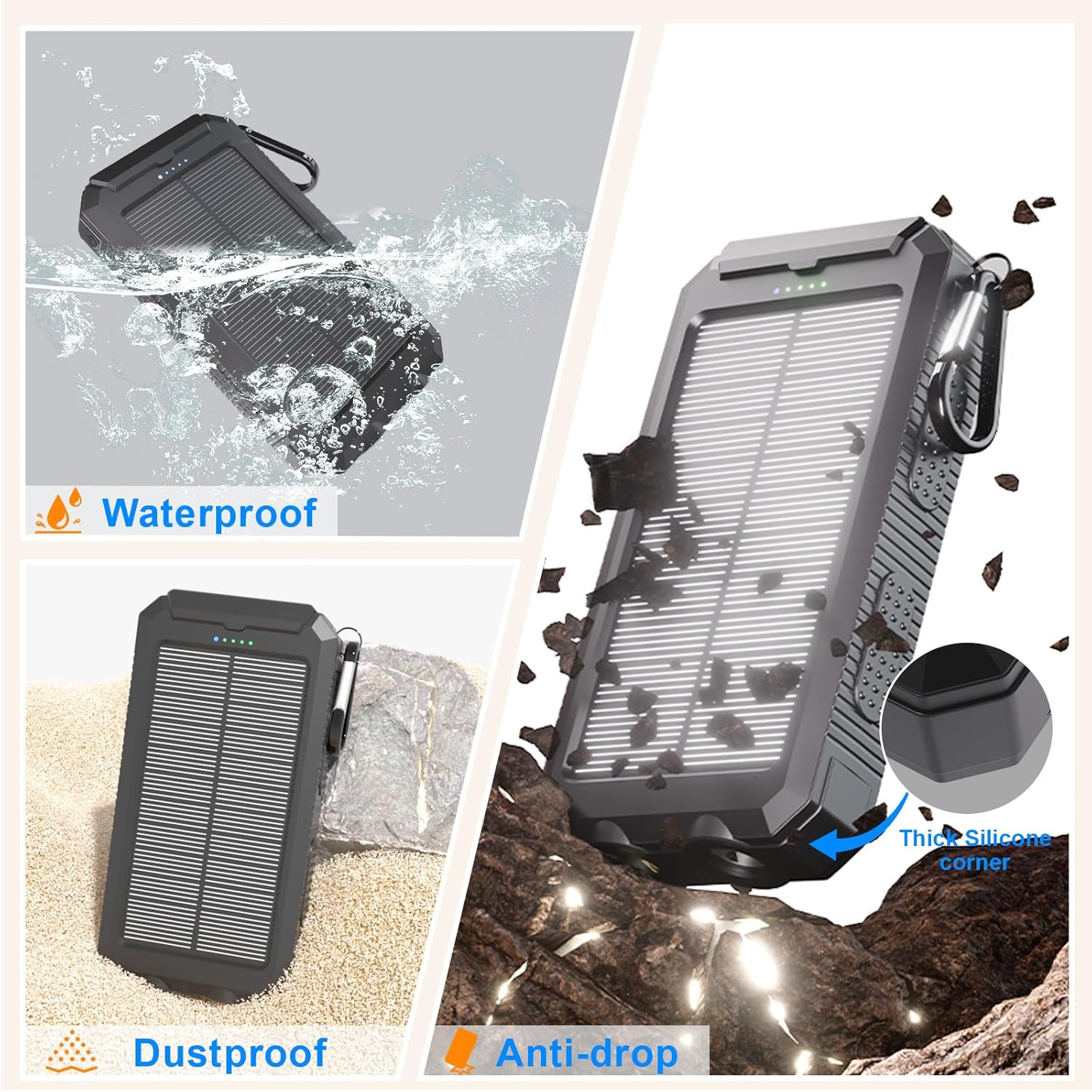 Solar Charger 20,000mAh, Portable Power Bank, 4 Cables Outdoor Waterproof External Backup Phone Charger with USB-C for Cell Phones, Solar Battery Pack with Dual Flashlight for Camping