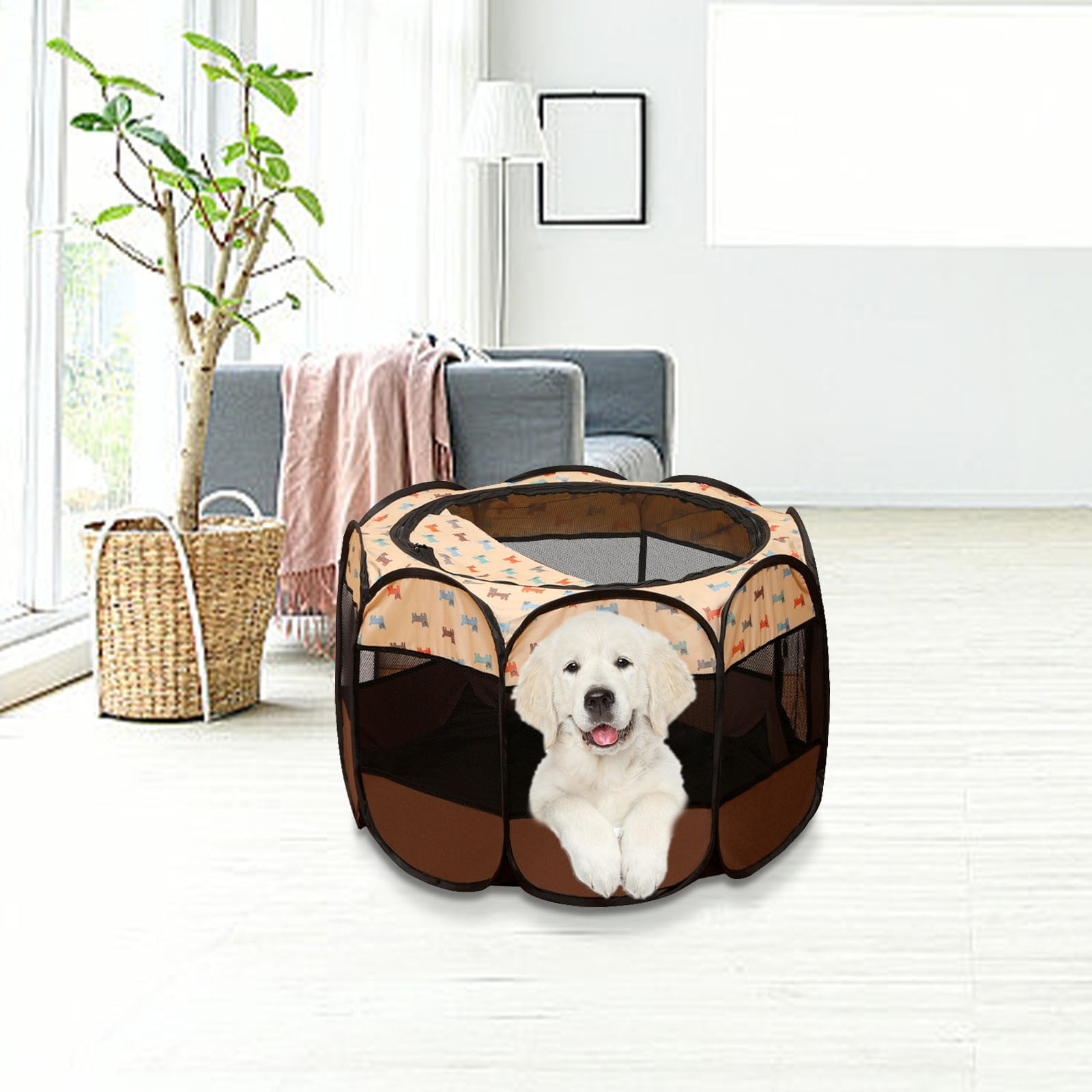 HHBEAUTY Portable Pet Cat Playpen for Indoor Cats Enclosed, Foldable Small Dog Puppy Playpen Crate Kennel Cage Outdoor with Top Roof, Pop Up Collapsible Kitten Play Pen Tent for Camping RV