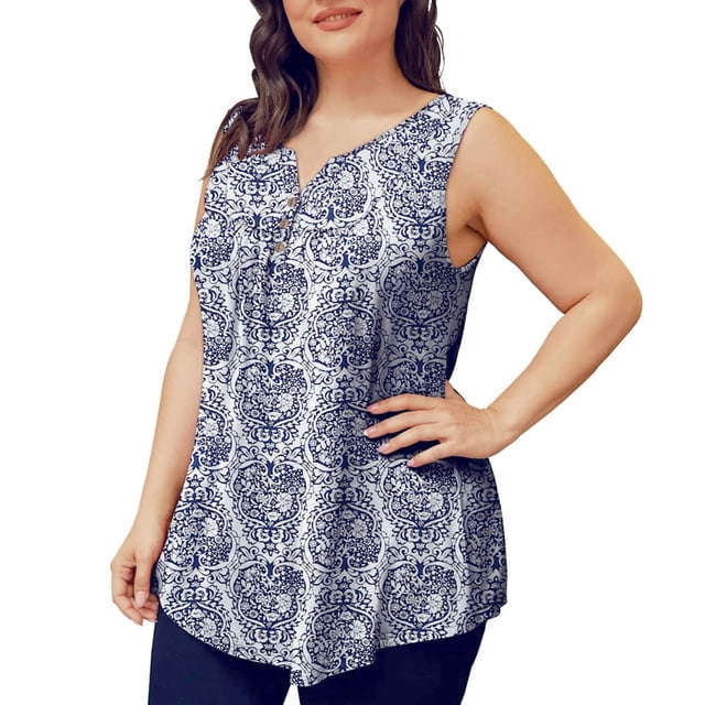 Plus Size Womens Tank Summer Printed Sleeveless Flared Trendy Casual Blouse Button Tunic Shirt Tops