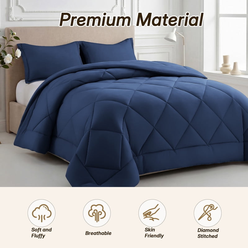 3 Pieces Twin Size Comforter Set, All Season Lightweight Breathable Bedding Set with 1 Down Alternative Comforter and 2 Pillowcases, Navy