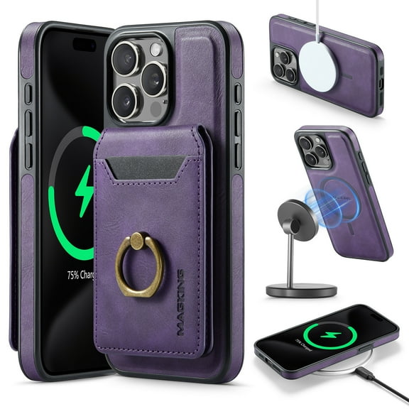 For iPhone 12 Pro Max Case with Credit Card Holder,Ring Holder,Phone PU Leather Case Wallet for Women Men  Magnetic Detachable 2-in-1 Wallet Card,Shockproof Rugged Phone Case,Purple