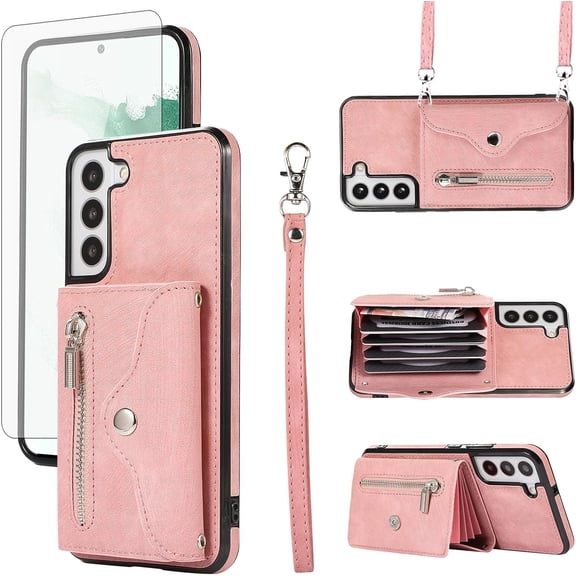 REQO Phone Case for Samsung Galaxy S22 Plus S22  5G Wallet Cover with Wrist Crossbody Strap Lanyard Credit Card Holder Stand Leather Cell Accessories S22 5G S22plus 22S   S 22 22  Women Men Rose Gold