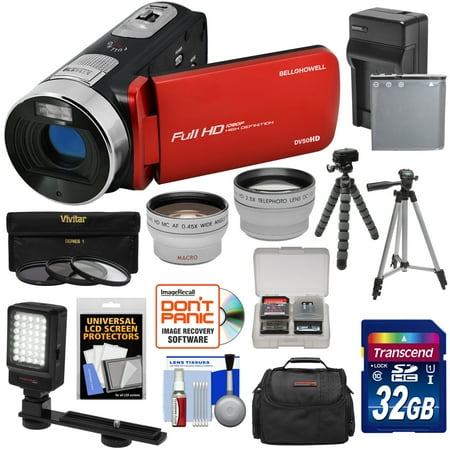Go Pro Camera Blue Lens Bell & Howell Fun Flix DV50HD 1080p HD Video Camera Camcorder (Red) + 32GB + Battery + Charger + Case + Tripod + LED + Filters + Tele/Wide Lens Kit ()