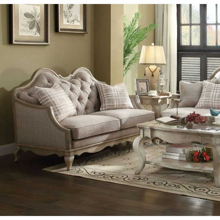 Formal traditional sofa set 2pc antique sofa loveseat cherry finish crystal tufting back cushioned couch set deals