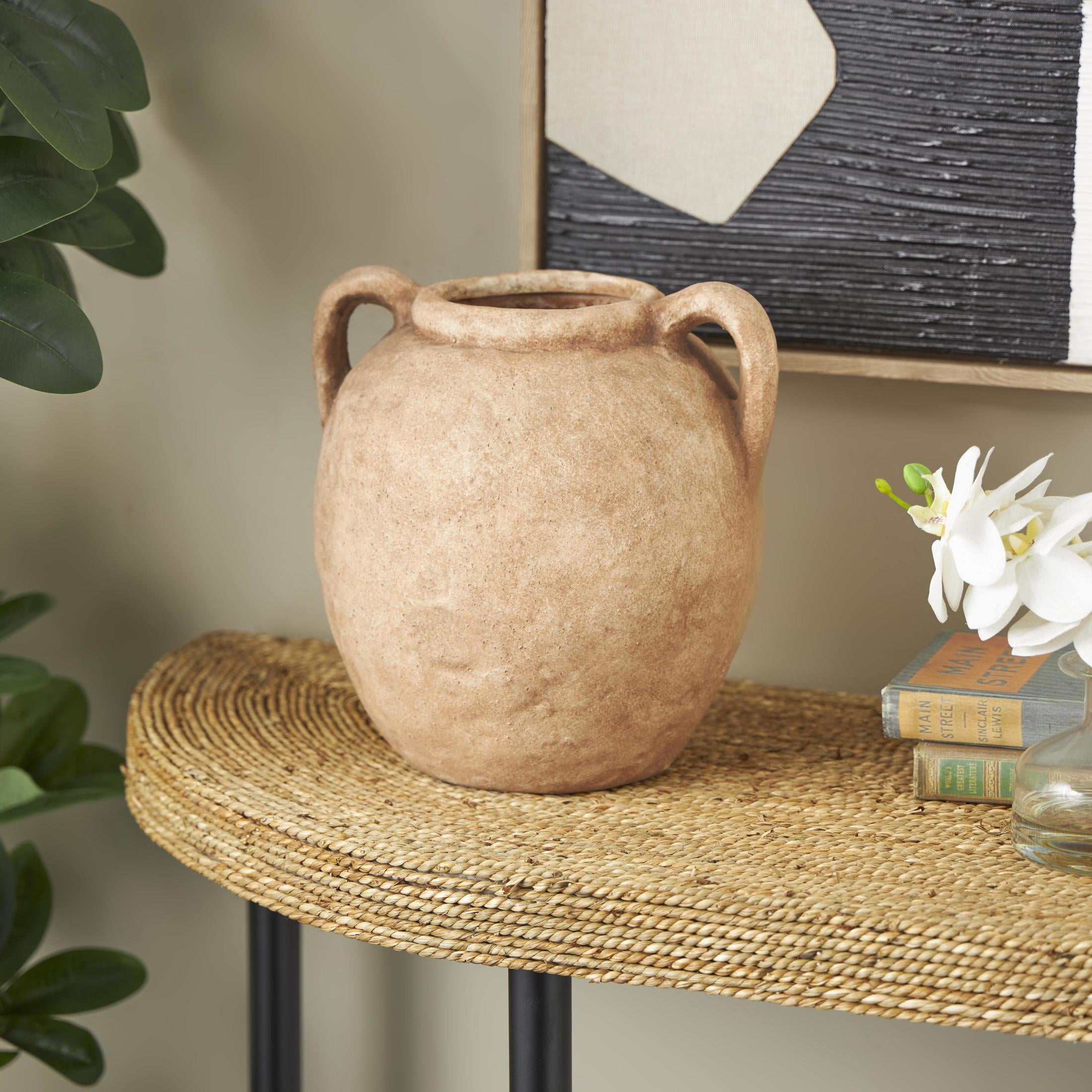 DecMode 10" Antique Style Textured Copper Ceramic Vase with Handles