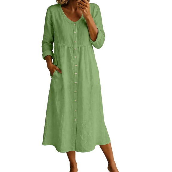 Ohufall Women Dresses Cotton Linen Button Crew Neck Long Sleeve Dress Pleated Loose Comfort Casual Maxi Dress