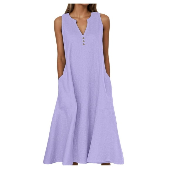 Summer Dresses For Women Casual Sleeveless Linen Flowy Beach Dress With Pockets