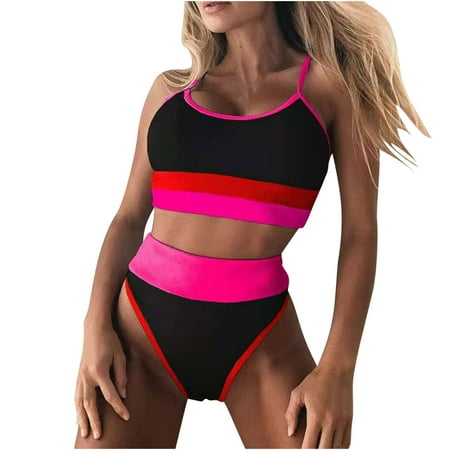 UTSJKR Women Bikini Sets High Waisted Bathing Suit - Sporty Two Piece Swimsuit Tummy Control Cheeky Modest Ribbed Neon Bikini Red M
