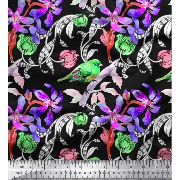 Soimoi Green Cotton Duck Fabric Leaves,Floral & American Robin Bird Printed Craft Fabric by The Yard 42 Inch Wide