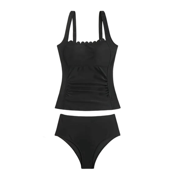 2 Piece Tankini Swimwears for Women with Ruched Swim Top and High Waist Briefs 2 Piece Waved Edging Bathing Suit Set