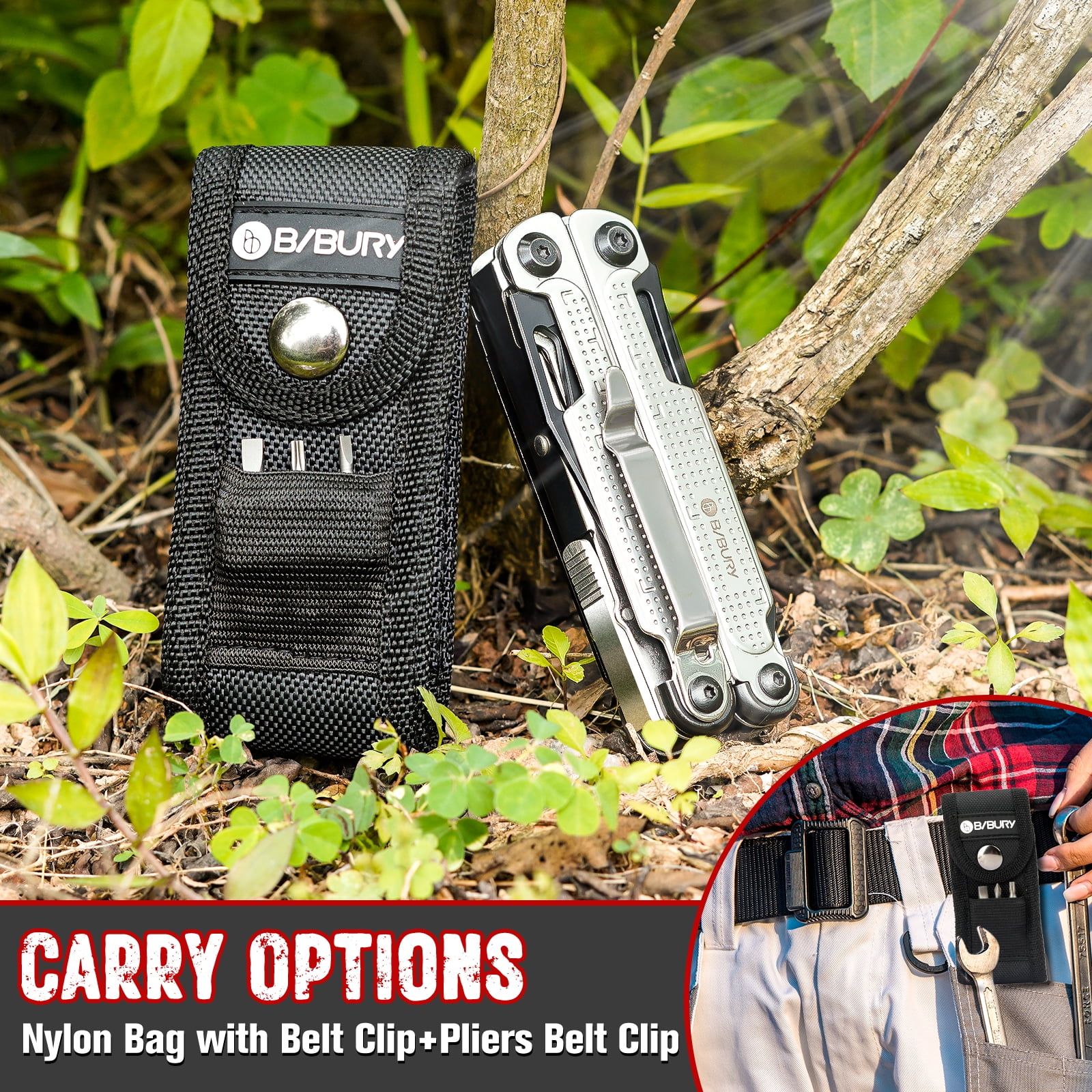 BIBURY Multitool Pliers, Stainless Steel Multi Tool with Upgraded Rope Cutter and Screwdrive, Foldable Self-locking Multitools with Nylon Pouch, Ideal for Camping, Hiking, Survival, Repair