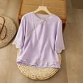 thumbnail image 2 of Embroidered Linen Tops for Women Dressy Casual Ruffle Mid-Sleeve Shirts Crew Neck Pullover Tees,Purple,XXL, 2 of 5