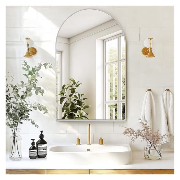 24"x36" Arched Medicine Cabinet with Mirror, Modern Decro Wall Mount Arched Mirror Cabinet, Recessed Bathroom Vanity Mirror with Storage with 2 Shelves,Silver