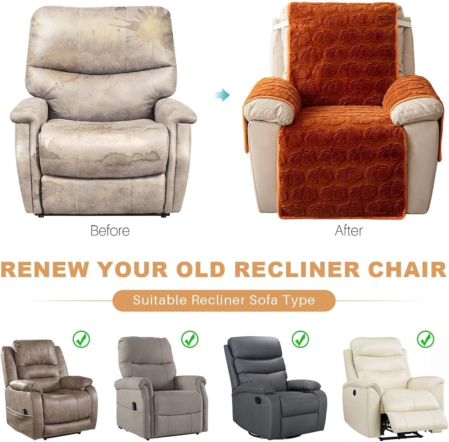 TOPCHANCES Plush Recliner Chair Cover, Faux Rabbit Fur 1-Seater Sofa Cover, Washable Armchair Protector with Adjustable Elastic Belt for 23 Inches Recliner (Coffee)