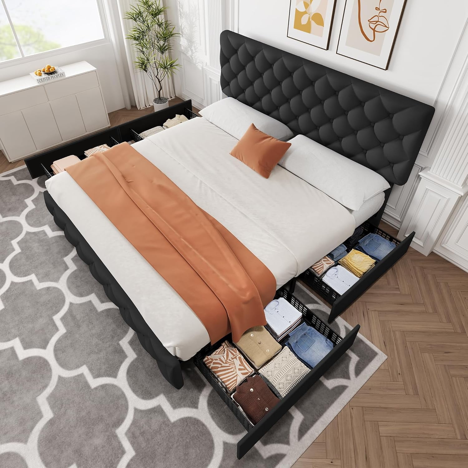 Garvee King Size Bed Frame, with 4 Storage Drawers & Adjustable Headboard, No Box Spring Needed, Black