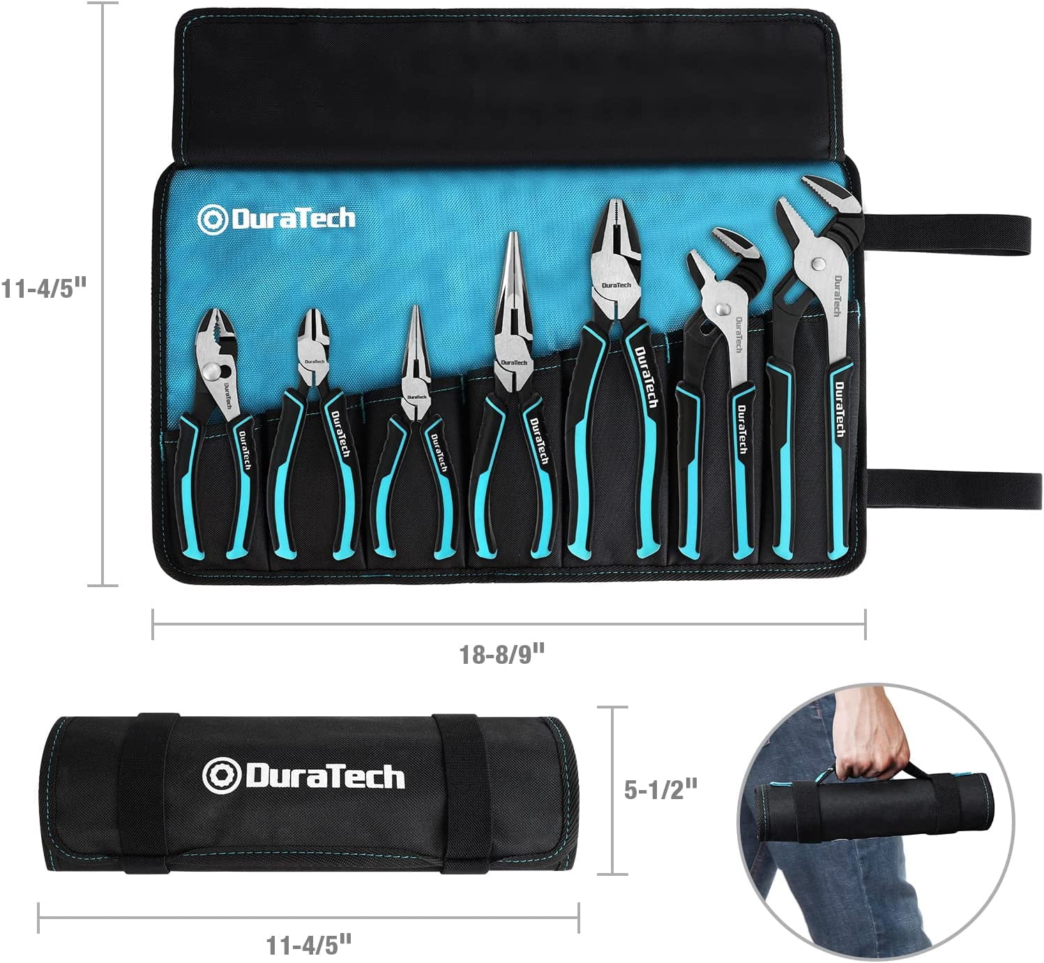 7-Piece Pliers Set with Rolling Pouch, Premium Cr-Ni Construction (10", 8" Groove Joint Pliers, 8", 6" Long Needle Nose, 8" Linesman, 6" Slip Joint, 6" Diagonal) for Basic Repair