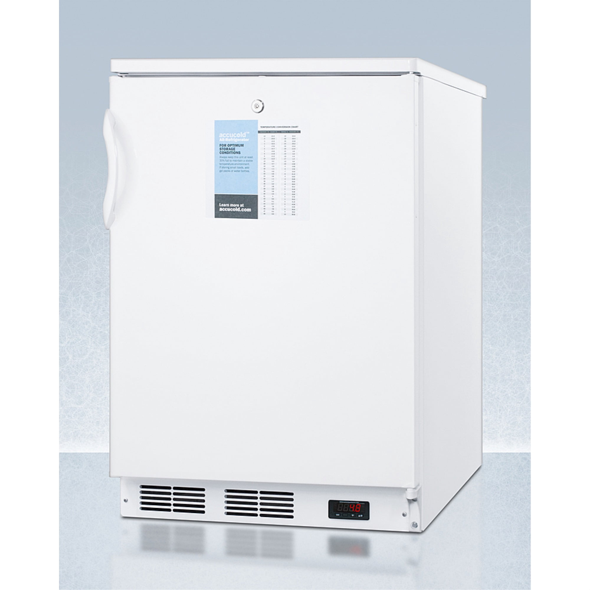 24" wide auto defrost all-refrigerator with lock, digital thermostat, internal fan, door storage, and access port for user-provided monitoring equipment