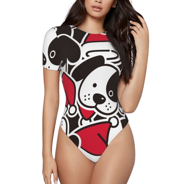 Bingfone Motif Chien Mignon Justaucorps à Col Rond pour Femmes, Bouton Pression Serré Manches Courtes Justaucorps, Adapté pour Fête, Sports, Usage Quotidien-Moyen
