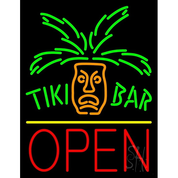 Green Tiki Bar With Palm Tree LED Neon Sign 19 x 15 - inches, Clear Edge Cut Acrylic Backing, with Dimmer - Bright and Premium built indoor LED Neon Sign for Bar decor.