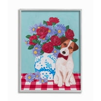 Stupell Industries Flower Vase With Dog Red Blue Animal Pet Painting Framed Wall Art by Sally B