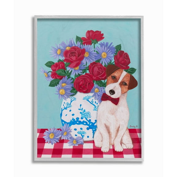 Stupell Industries Flower Vase With Dog Red Blue Animal Pet Painting Framed Wall Art by Sally B