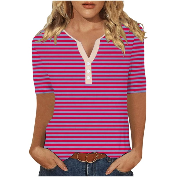 Camiseta de Manga Corta para las Mujeres con Cuello en V de Impresión de Rayas con Botón, Blusa Casual para el Hogar Y Diario