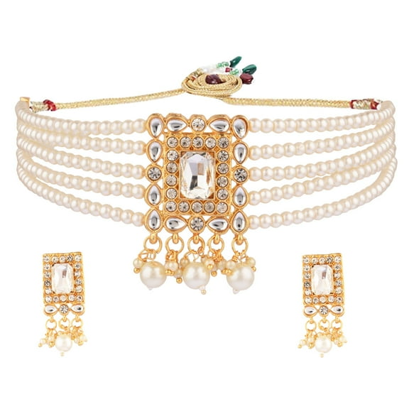 Efulgenz Faux Pearl Necklace Indian Jewelry Set Crystal Choker Multi Layered Strand Beaded Necklace Earrings Bridal Jewelry Set for Women, White