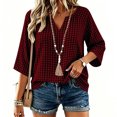 thumbnail image 7 of VBVC Women's Gingham V Neck Blouse, Ladies' 3/4 Sleeve Summer Tunic Top, Casual Loose Fit Checkered Shirt For Women, Wine , S-3XL, 7 of 7