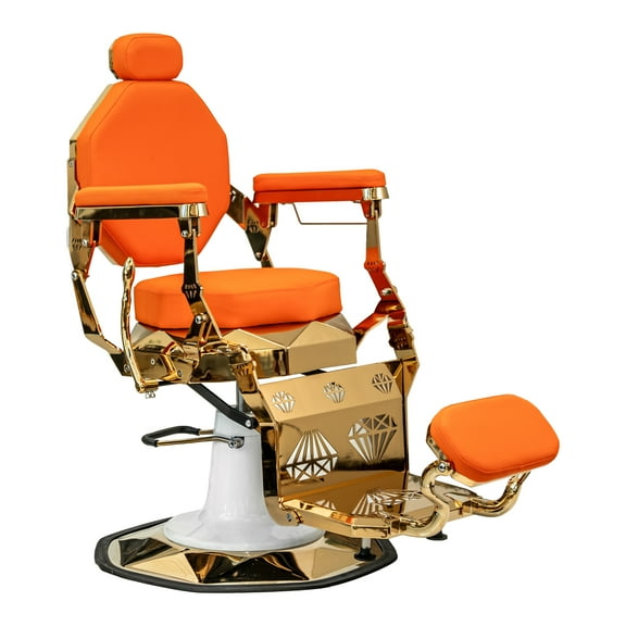 LEON Barber Chair Diamond Shape Seat Cushion and Backrest, Reclining Heavy Duty Barber Chair, Orange Seat Gold Frame