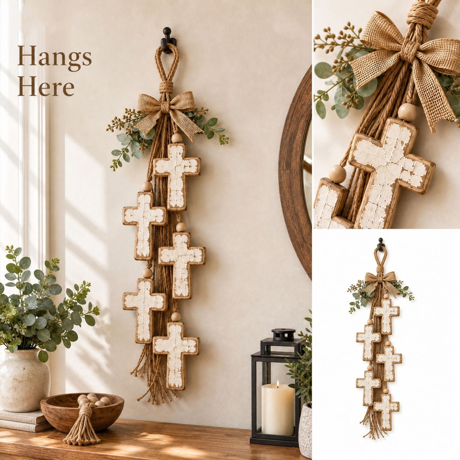 Rustic Wooden Cross Wall Hanging Decor Faith Grace Cross Tassel Wall Ornament With Burlap Bow and Greenery Farmhouse Religious Wall Art for Home Door Decoration