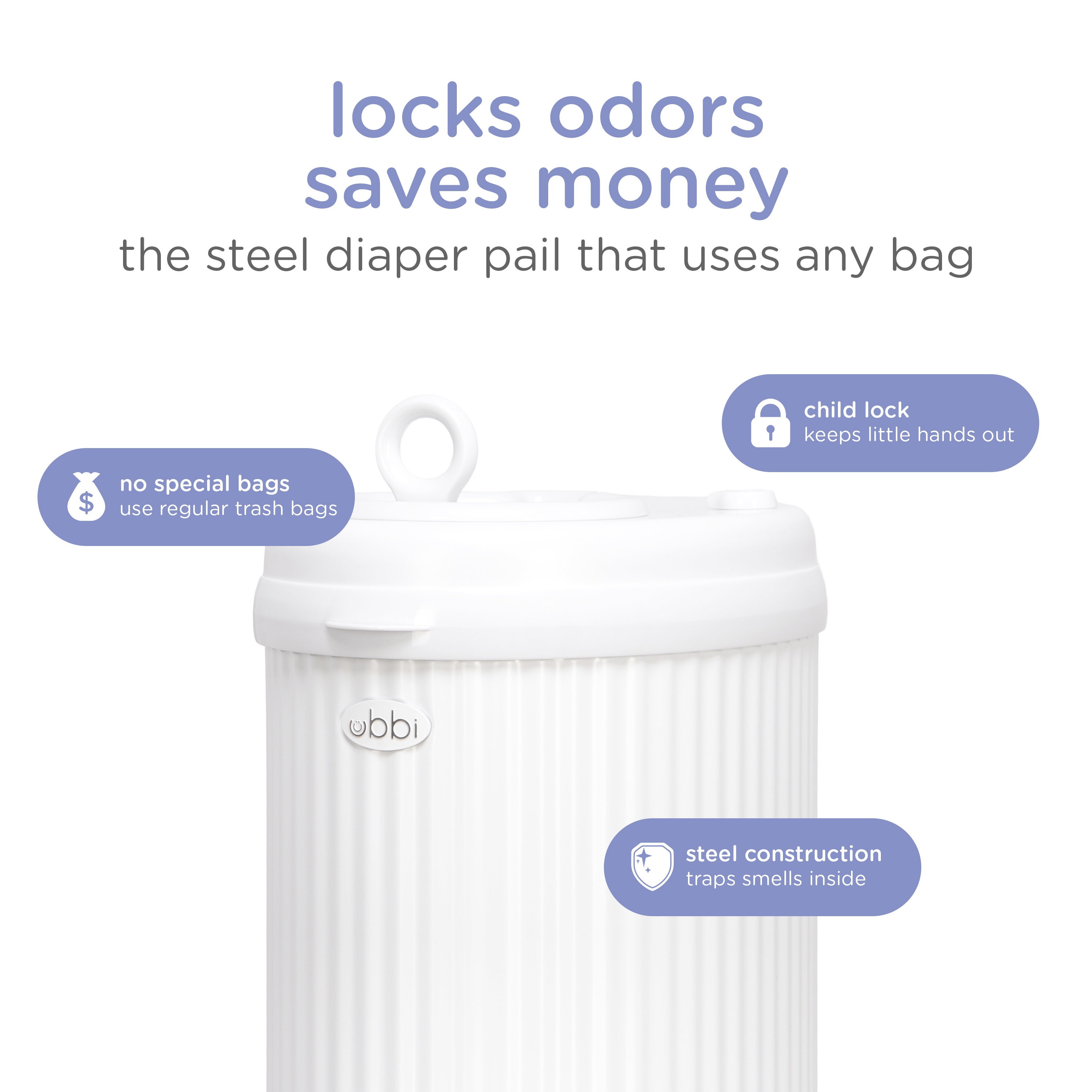Ubbi Fluted Stainless Steel Diaper Pail - White photo 4