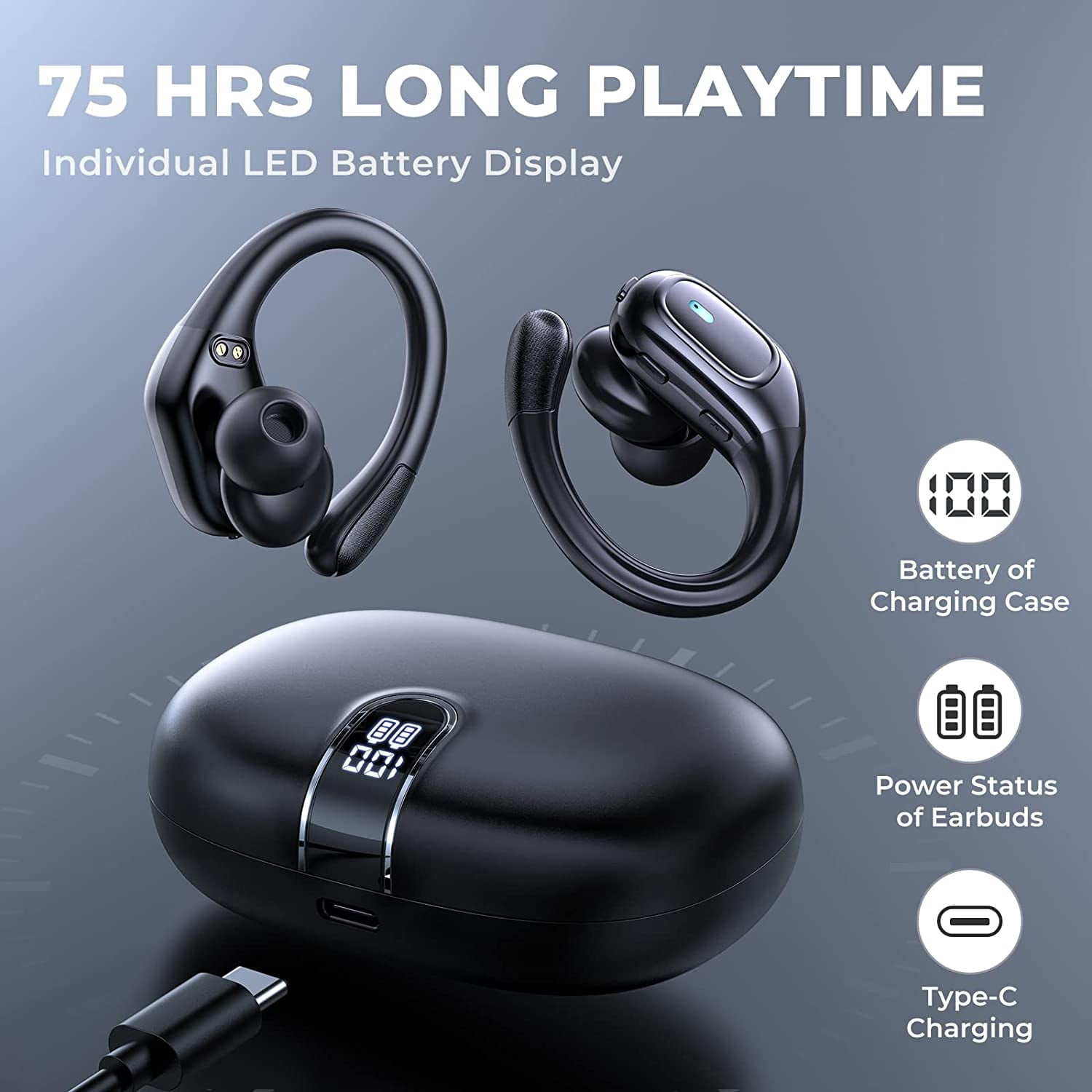 Wireless Earbuds, 75hrs Bluetooth Headphone Sports 2026 Bluetooth Earbuds Deep Bass Over Ear Buds with Earhooks, ENC Noise Cancelling Earphone Mic, IPX8 Waterproof for Workout/Running/Gym