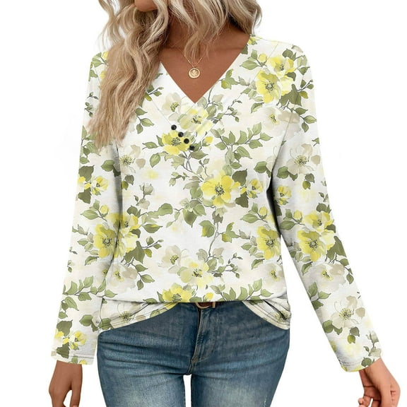 HOMBOM V-Neck T-Shirts for Women Long Sleeve Fall Floral Yellow Tops Relaxed Fit Graphic Womens