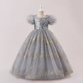 thumbnail image 4 of IVEYRTF Girls Christmas Party Dress Princess Gown with Sparkly Sequins Puffed Sleeve Tulle Skirt for Birthday Pageants Fashion Elegant Round Neck Short Sleeve Dress(Gray,8-9 Years), 4 of 9