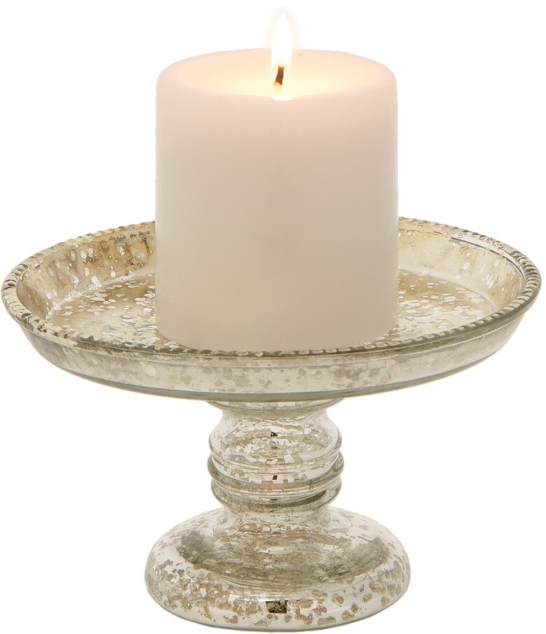 Luna Bazaar Mercury Glass Pillar Candle Holder (4Inch, Silver, Linda Design)