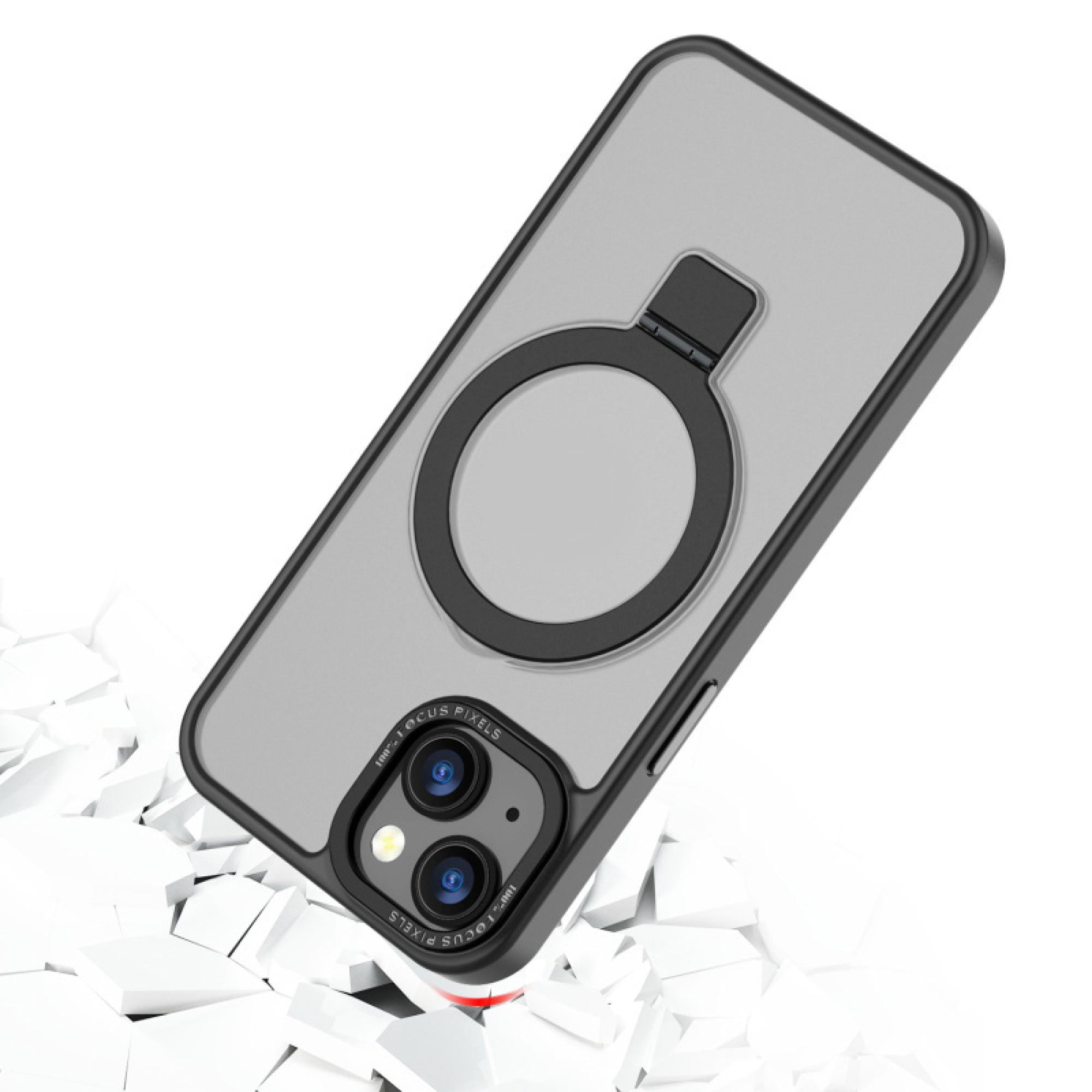 Magnetic Charging-Compatible Ring Stand Case for iPhone 16e / 14 / 13 (6.1") – Shade Series Dual-Layer Protective Cover, Black