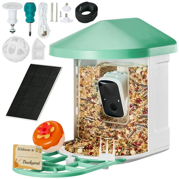 KFFKFF Intelligent Avian Feeder with Cam, 2K HD AI Recognition of Over 10,000 Species, Solar Charged Bird Observation Cam with Automatic Capture & Alerts, Cordless Outdoor Perfect Present for Avian