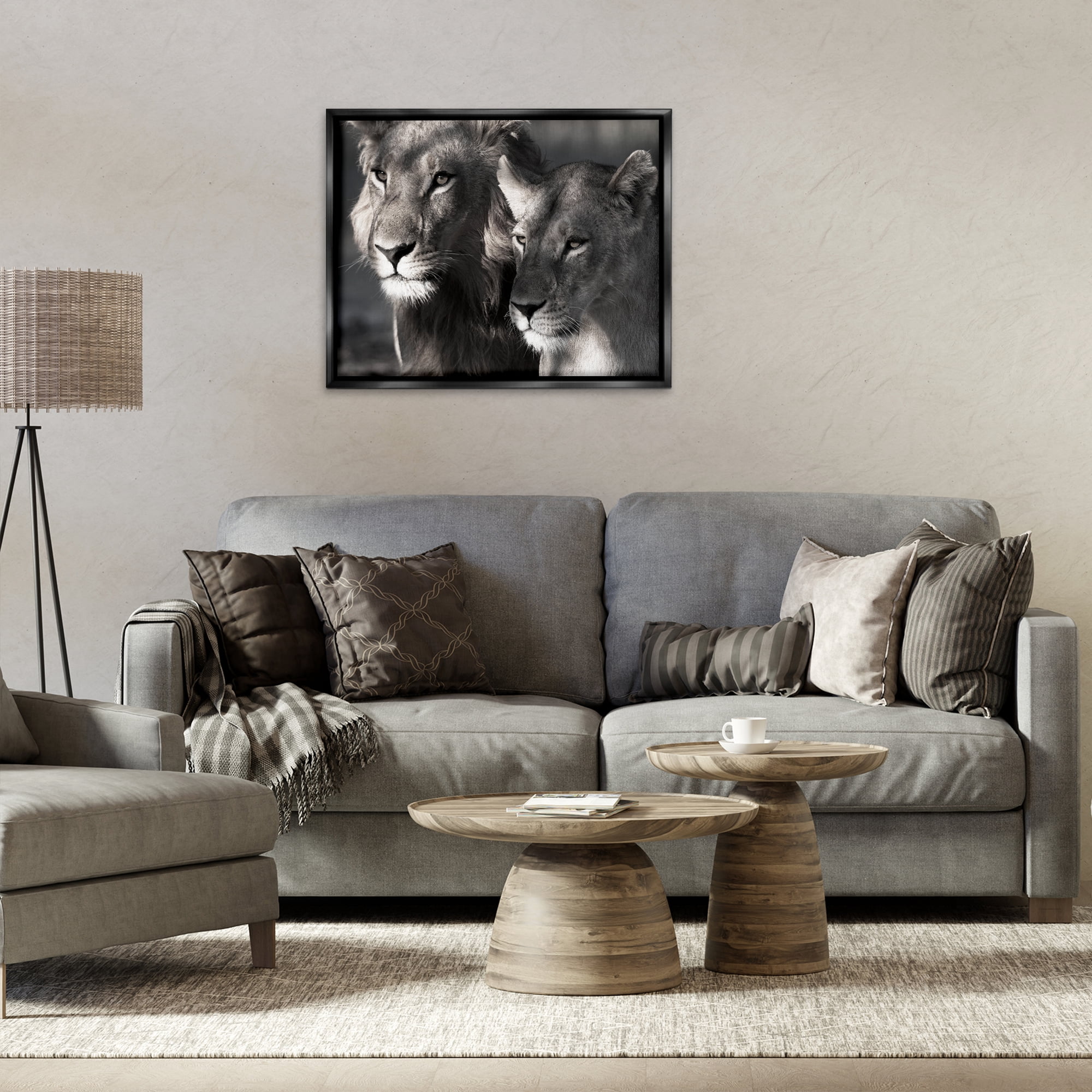 Stupell Industries Strong Lion & Lioness Animals & Insects Photography Black Floater Framed Canvas Art Print Wall Art, 31 x 25