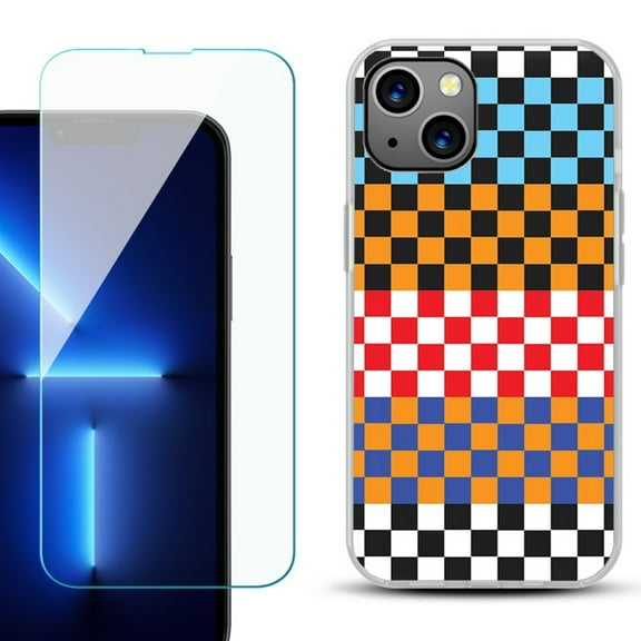 Slim-Fit Gel TPU Phone Case for iPhone 14, with Tempered Glass Screen Protector, by OneToughShield ® - Colorful Checker